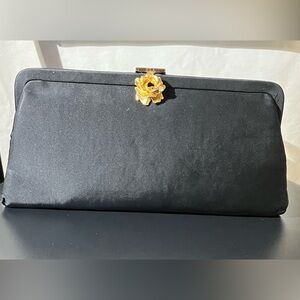 Black matte Satin vintage Evening Clutch with Gold Flower and tiny rhinestone